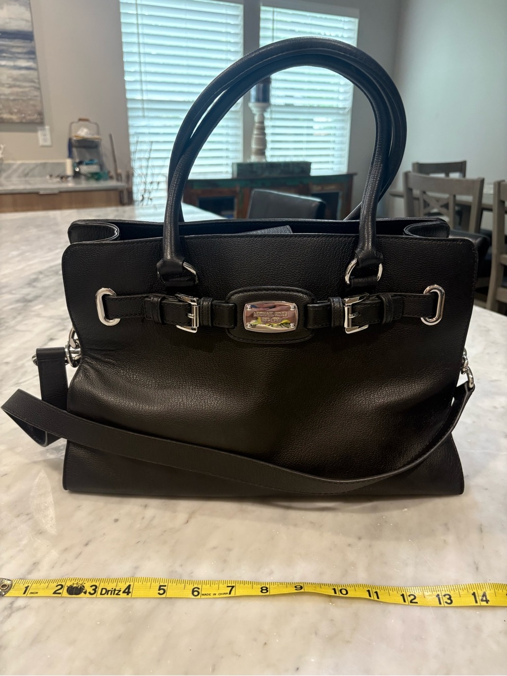 Michael Kors Hamilton Large Satchel Black Pebbled Leather Silver Chain Tote Bag